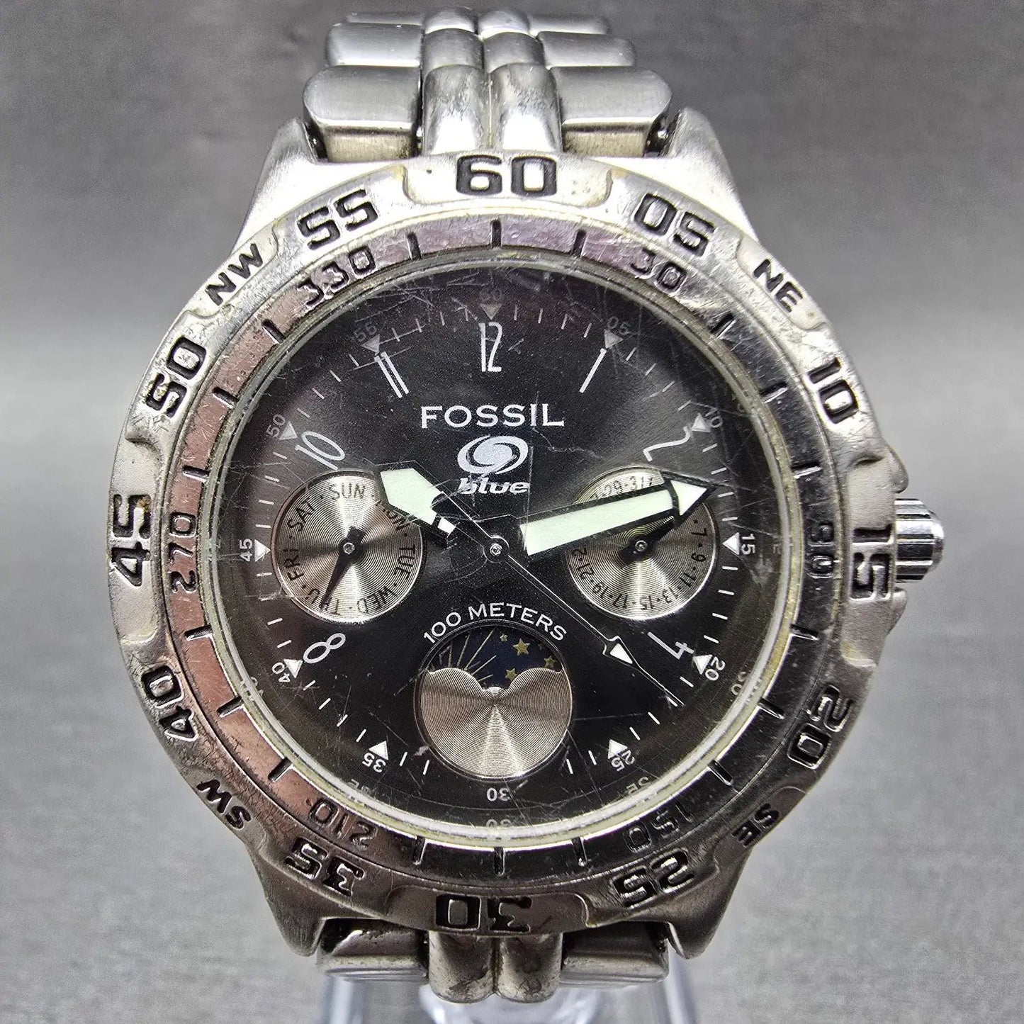 Fossil Blue Watch Women 35mm Black Dial Silver Tone Daydate BQ-9023 New Battery0