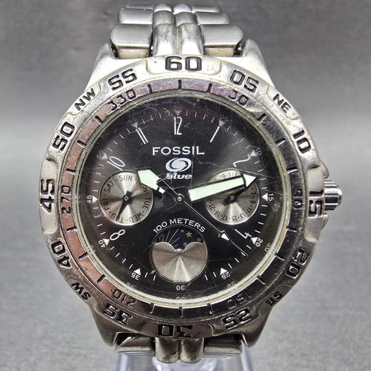 Fossil Blue Watch Women 35mm Black Dial Silver Tone Daydate BQ-9023 New Battery0