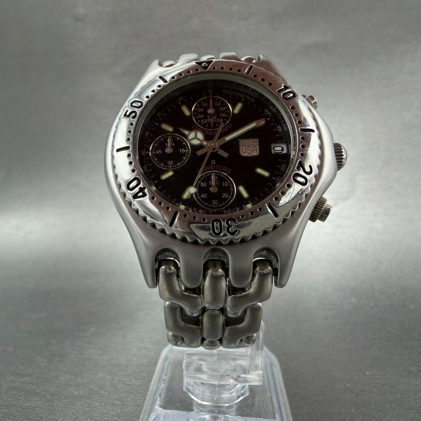 Elgin Chronograph Watch Men 39mm Black Dial Silver Tone Round FK-667 New Battery5