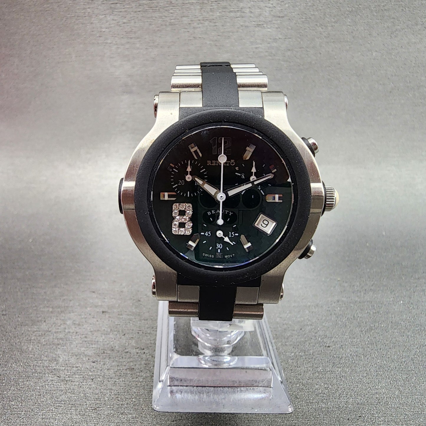 Renato Beauty Chronograph Watch Women 37mm Green Dial Steel Rubber New Battery1
