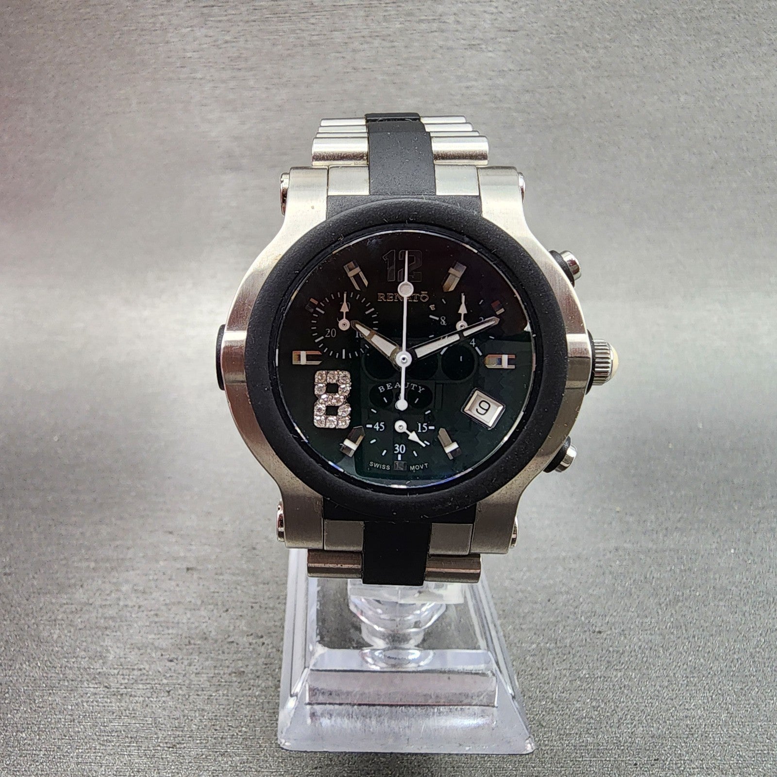 Renato Beauty Chronograph Watch Women 37mm Green Dial Steel Rubber New Battery1