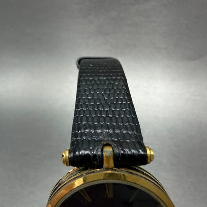 Gucci 2000M Watch Men 30mm Black Dial Gold Plated Leather Round New Battery VTG24