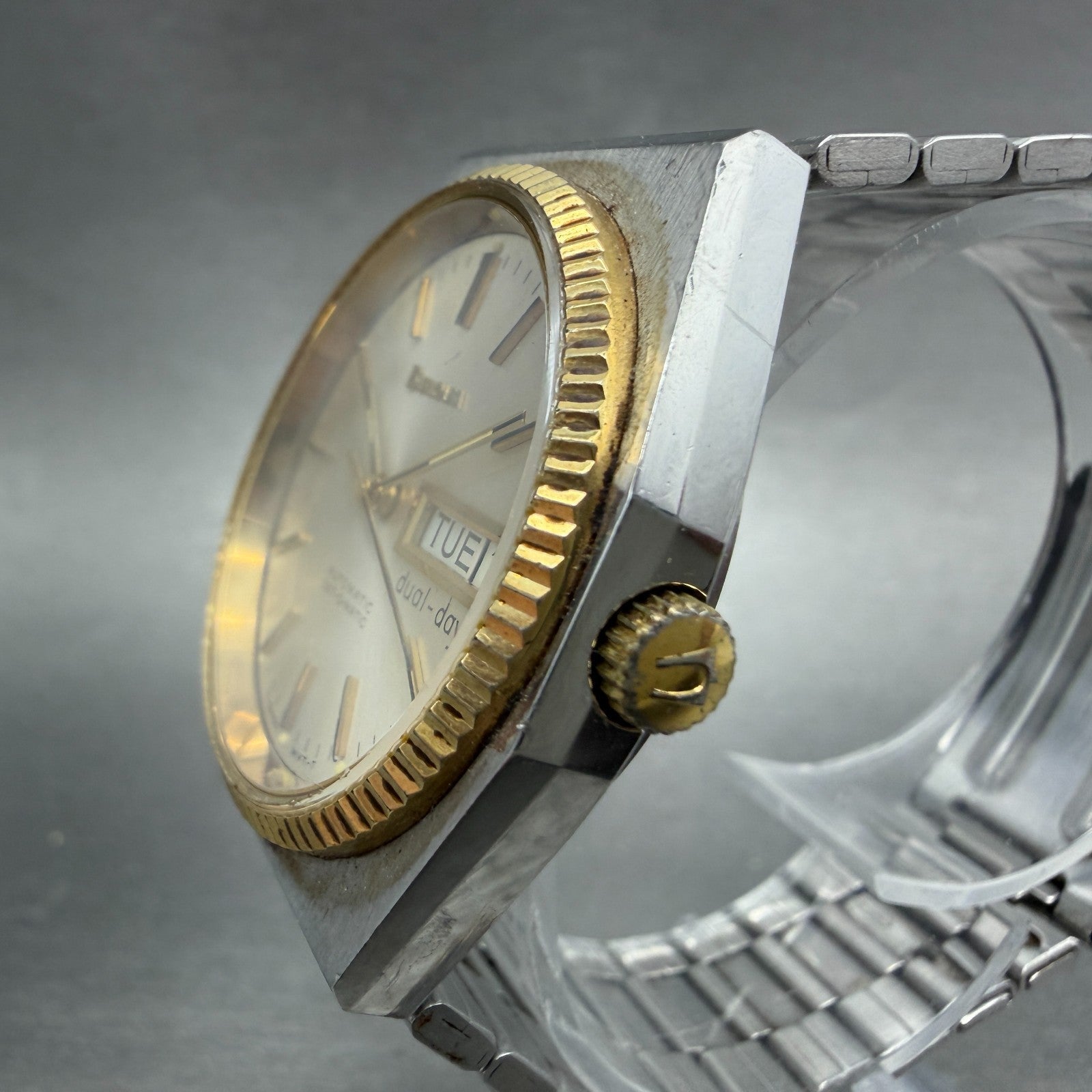Bulova Set-O-Matic Watch Men 35mm Silver Dial Two Tone Daydate Automatic Runs2