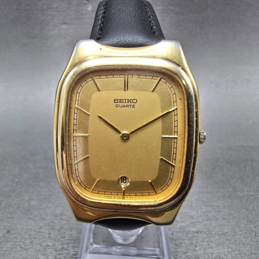 Seiko Tank Watch Men 30mm Gold Dial Gold Tone Rectangle Date 5y39-5089 New Batt0