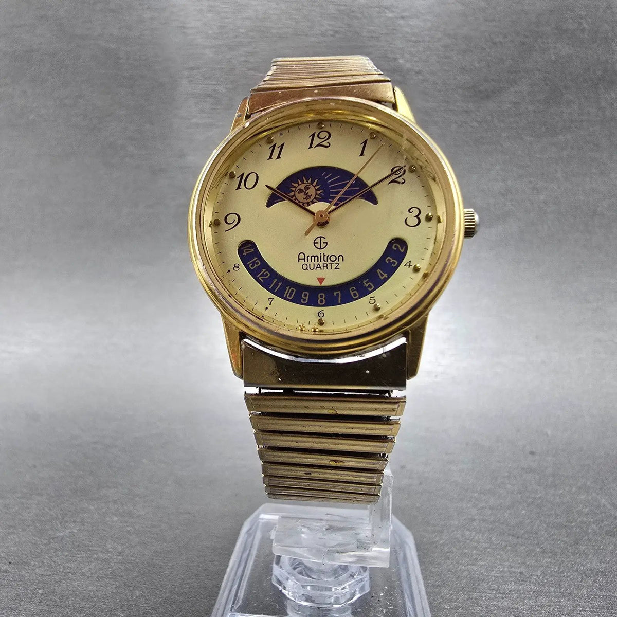 Armitron Day Night Watch Men 32mm Gold Dial Gold Tone Date Round READ!! New Batt6