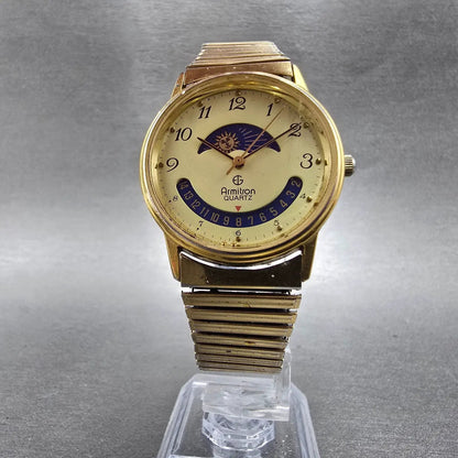 Armitron Day Night Watch Men 32mm Gold Dial Gold Tone Date Round READ!! New Batt6