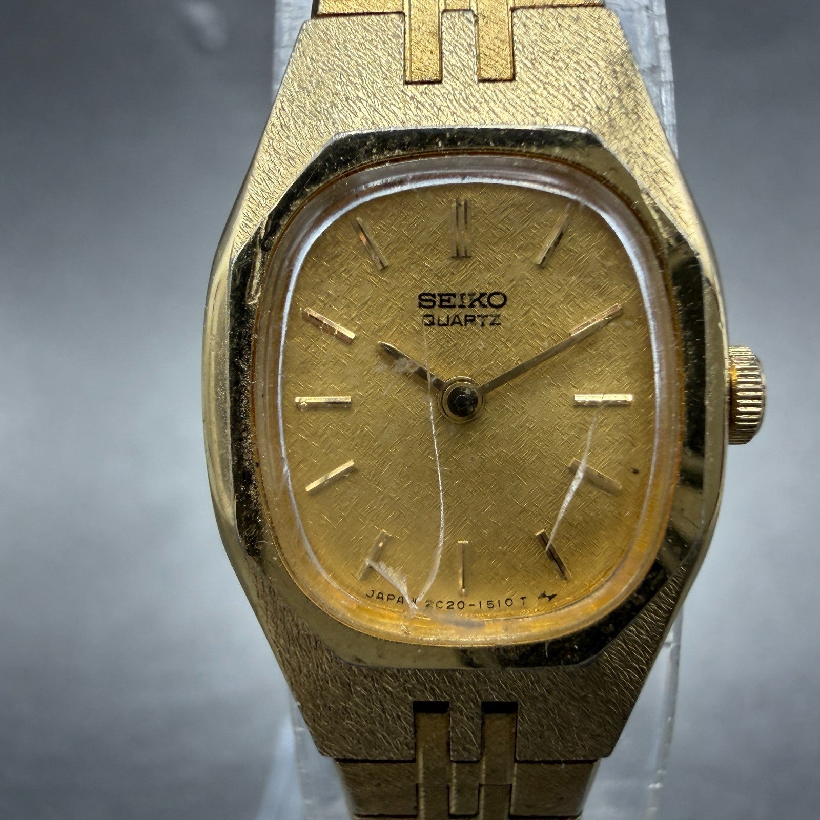 Seiko Watch Women 17mm Champagne Dial Gold Tone Rectangle 2C20-5749 New BatteryF1