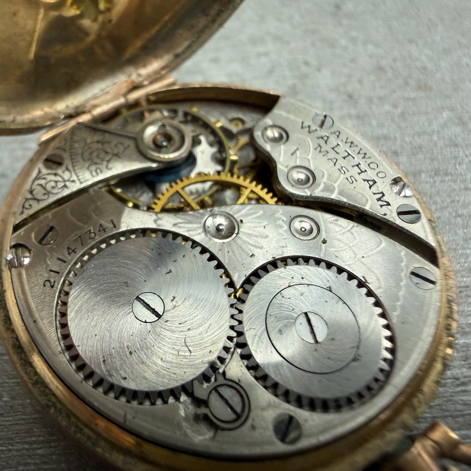Waltham Pocket Watch 31mm Gold Dial Gold Filled Case Grade 361 PARTS12