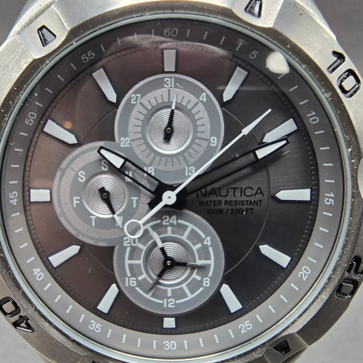 Nautica Dive Watch Men 45mm Gray Dial Silver Daydate Round N14570G New battery1