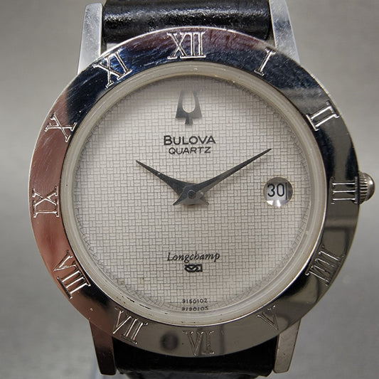Bulova Longchamp Watch Women 25mm White Dial Silver Tone Date Round New Battery1