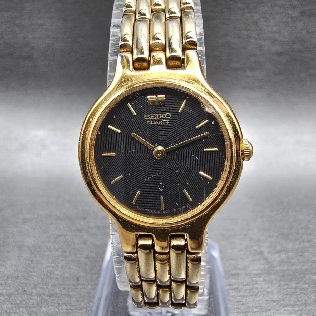 Seiko Watch Women 22mm Black Dial Gold Tone Round 1N00-0A99 New Battery VTG JP0