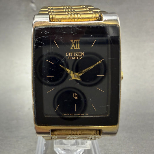 Citizen CQ Tank Watch Men 25mm Black Dial Gold Tone 6020-G08334 New Battery VTG0