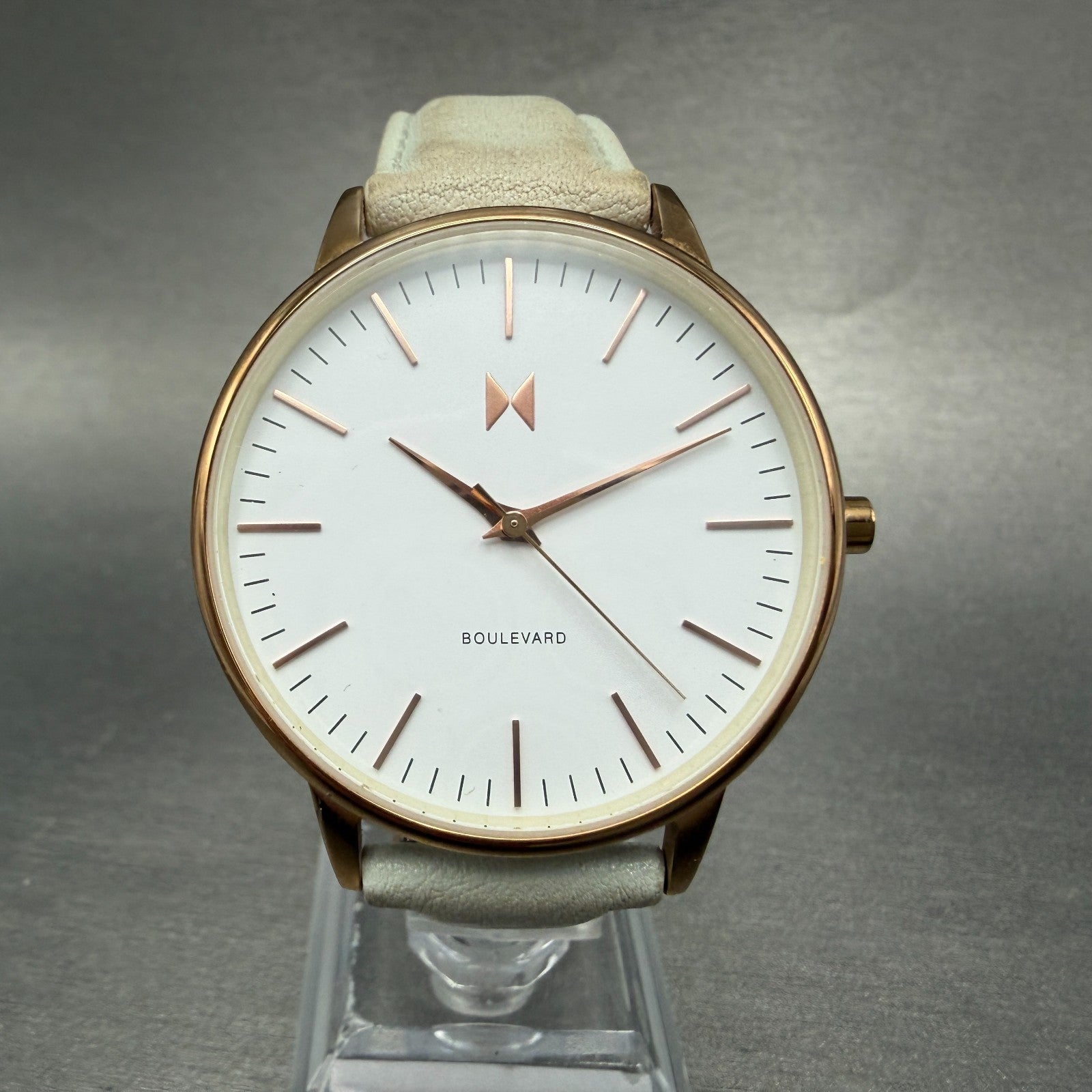 MVMT Boulevard Watch Women 38mm White Dial Rose Gold Tone Leather New Battery A0