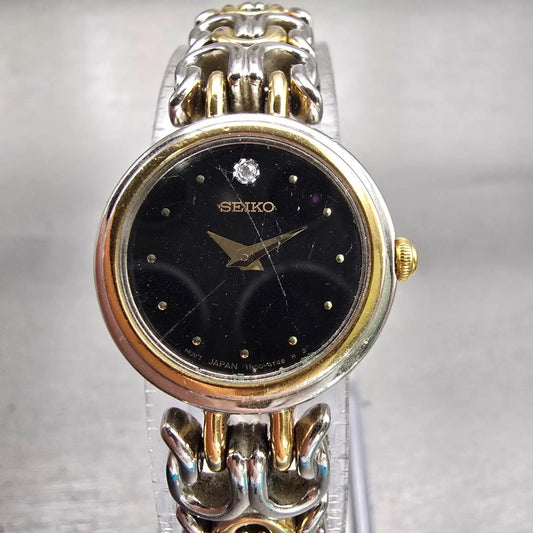 Seiko Watch Women 20mm Black Dial Two Tone Round 1N00-1D99 New Battery Vintage0