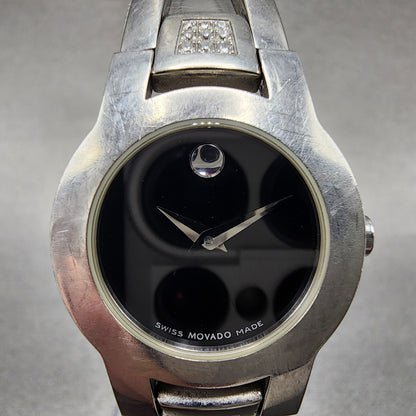 Movado Amorosa Watch Women 24mm Black Dial Steel Diamond Accents New Battery