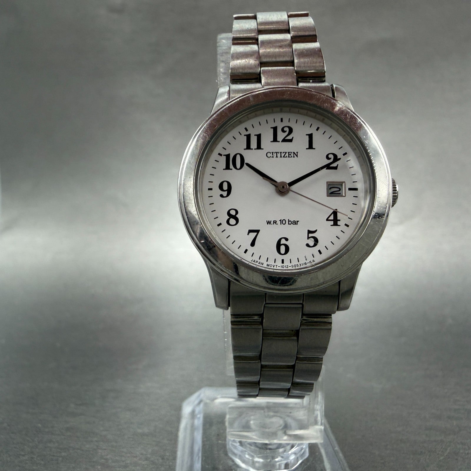 Citizen Watch Women 28mm White Dial Silver Tone Date Round 1012-S031460 New Bat5