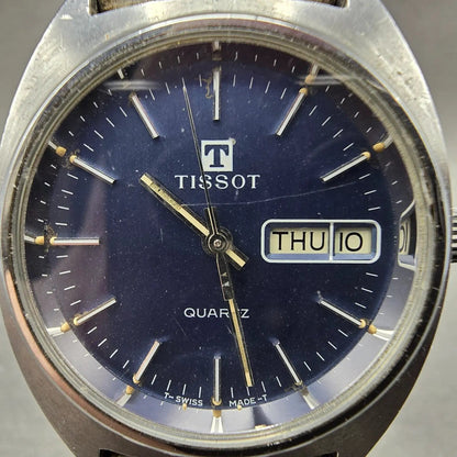 Tissot Watch Men 34mm Blue Dial Silver Tone Daydate Round Vintage Quartz PARTS2