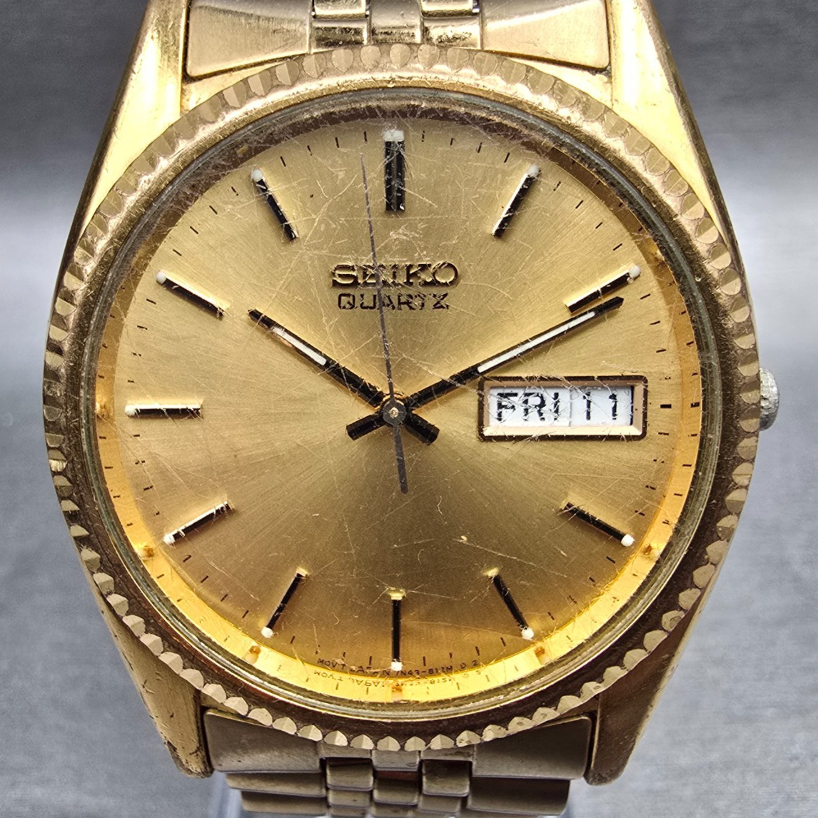 Seiko President Watch Men 35mm Gold Dial Gold Tone Daydate 7N43-8111 New Battery1