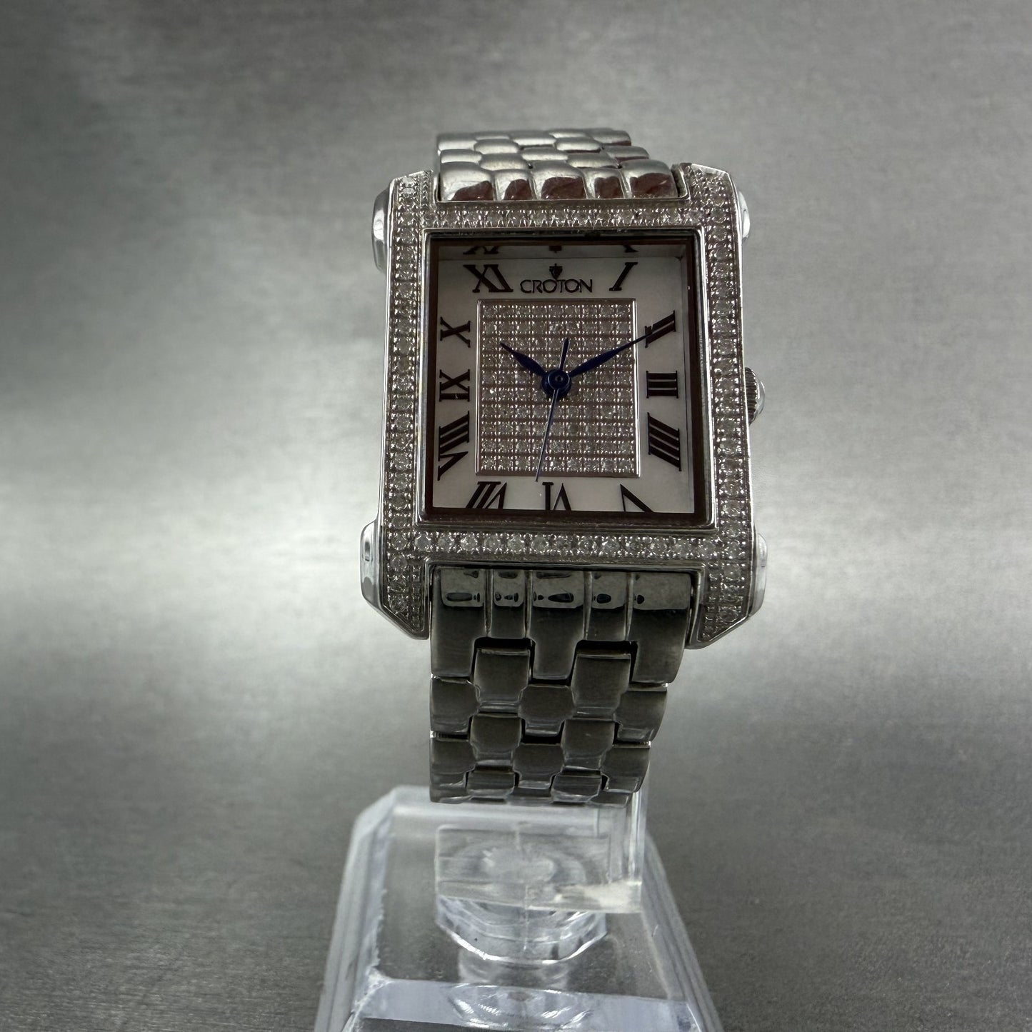 Croton Tank Watch Women 23mm MOP Dial Steel Diamond Bezel Rectangle New Battery5