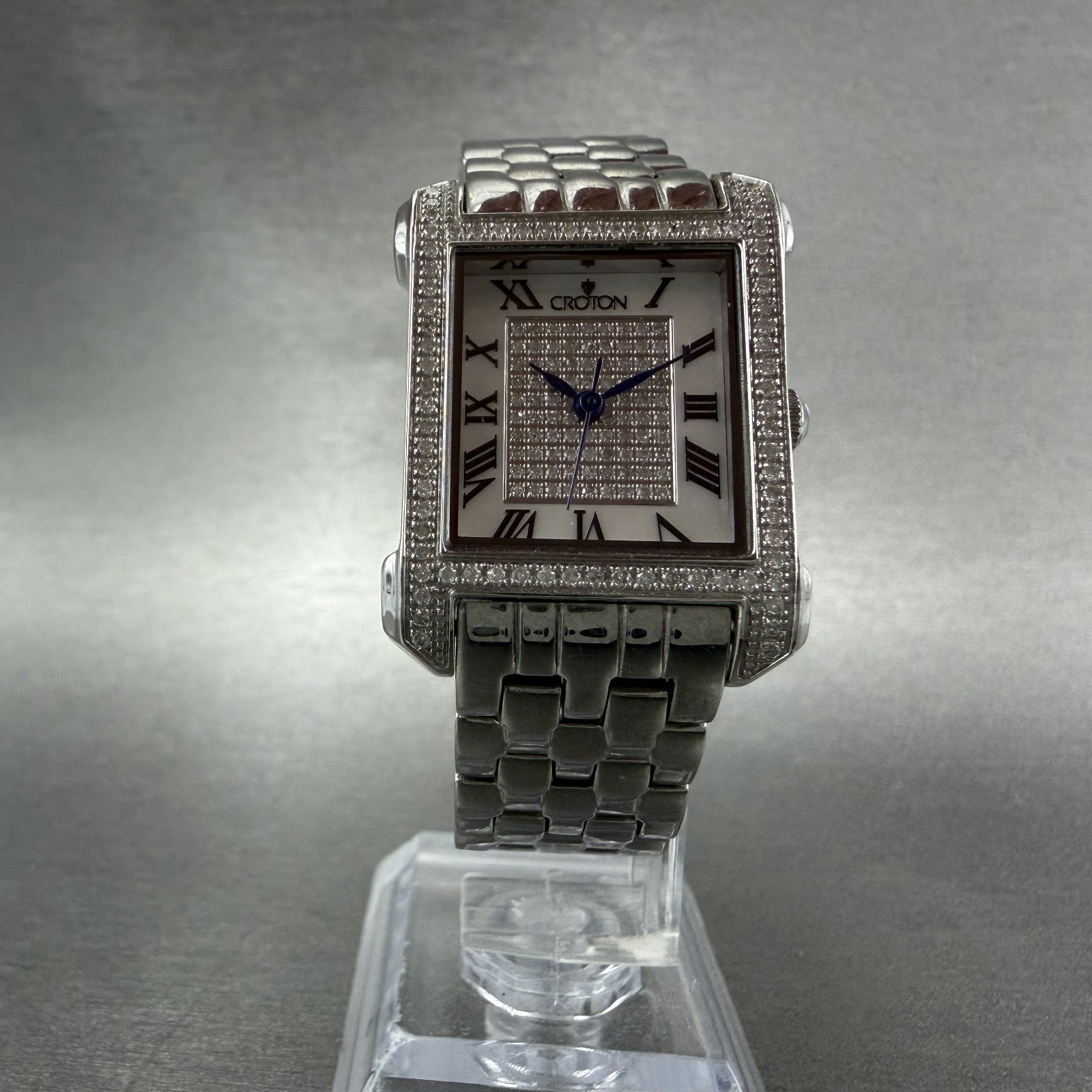 Croton Tank Watch Women 23mm MOP Dial Steel Diamond Bezel Rectangle New Battery5
