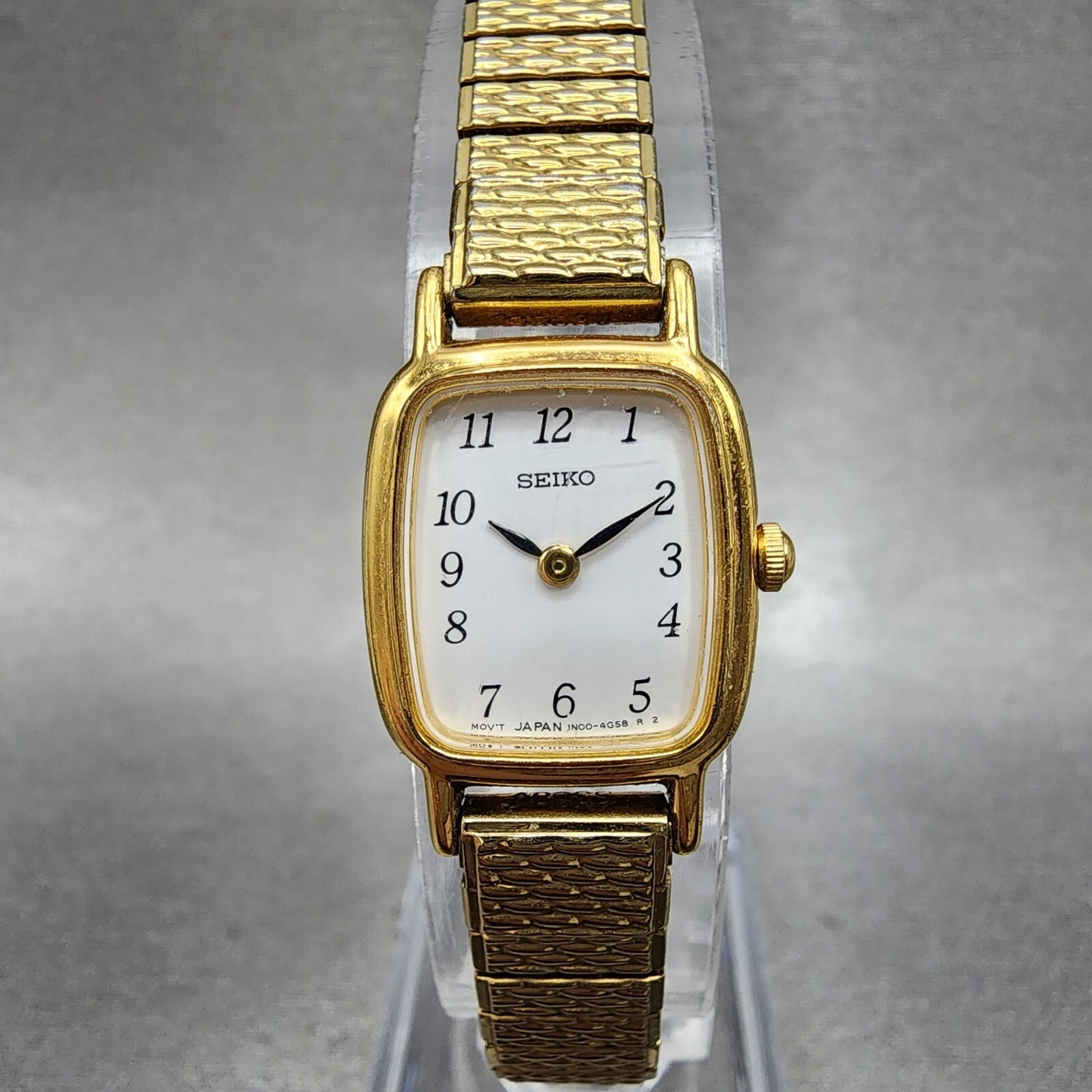 VTG Seiko Watch Women 17mm White Dial Gold Tone Rectangle 1N005K29 New Battery0