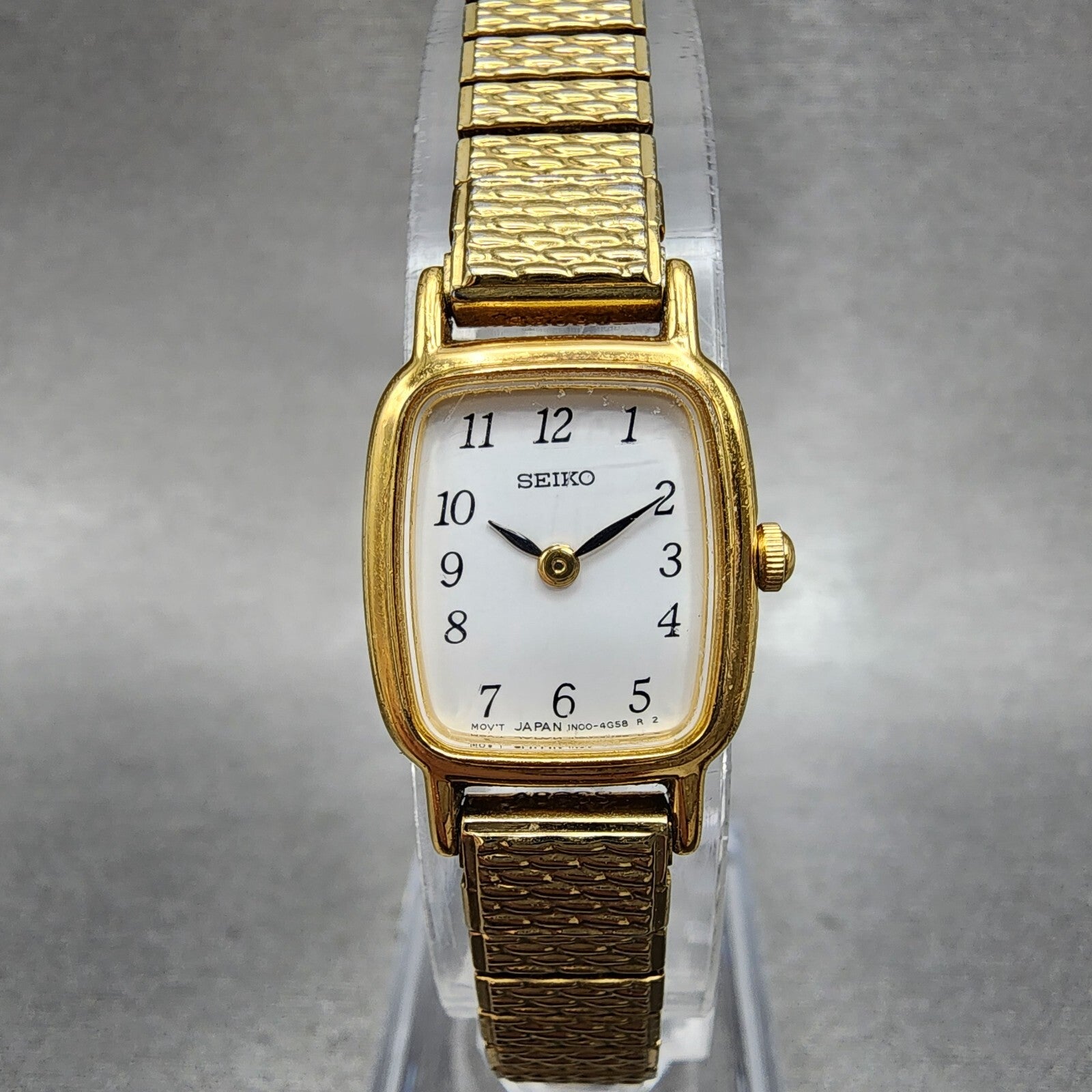 VTG Seiko Watch Women 17mm White Dial Gold Tone Rectangle 1N005K29 New Battery0