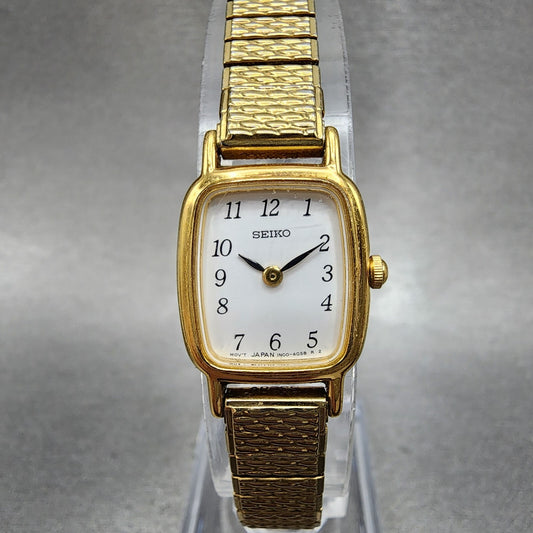 VTG Seiko Watch Women 17mm White Dial Gold Tone Rectangle 1N005K29 New Battery0