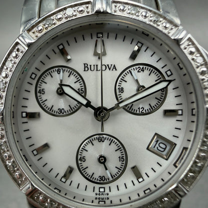 Bulova Chronograph Watch Women 30mm White Dial Silver Tone Date 96R19 New BattI51