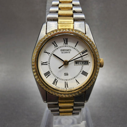 Seiko SQ Watch Women 24mm White Dial Two Tone Daydate 3y030160 New Battery0