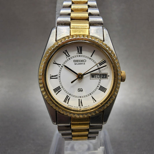 Seiko SQ Watch Women 24mm White Dial Two Tone Daydate 3y030160 New Battery0