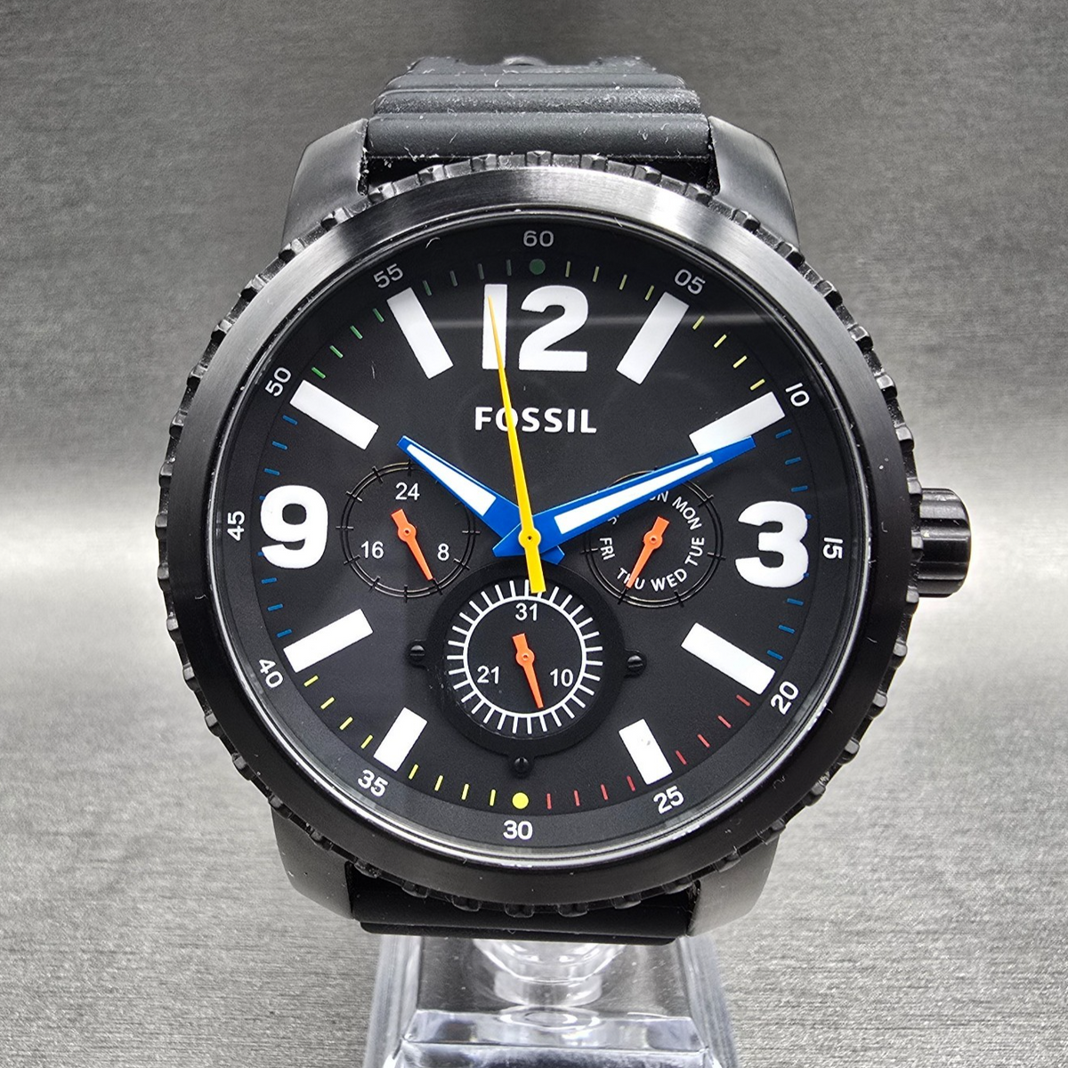 Fossil Watch Men 50mm Black Dial Black Tone Daydate Round BQ2357 New Battery0