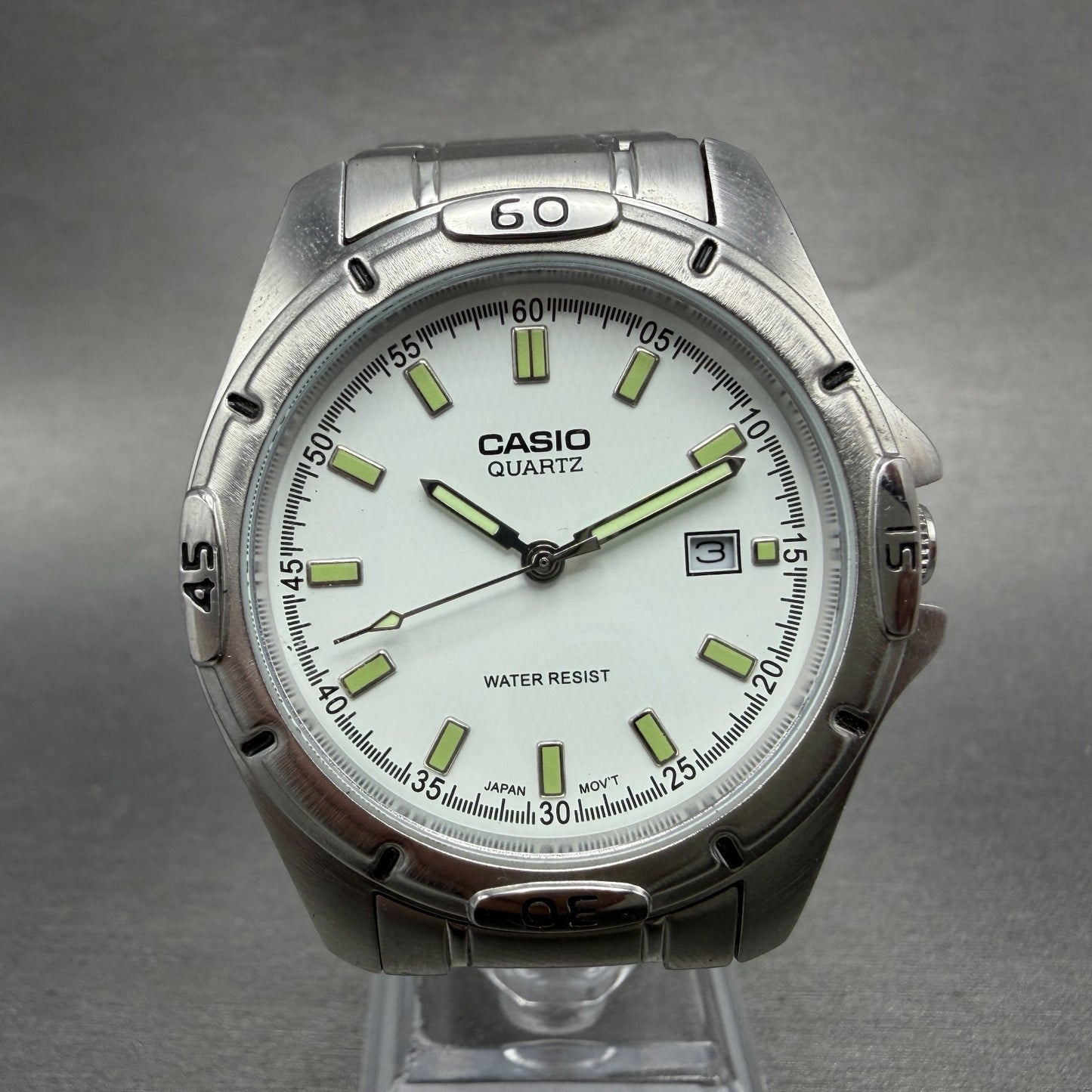 Casio Dive Watch Men 41mm White Dial Silver Tone Date Round MTP-1244 New Batt 7Q0