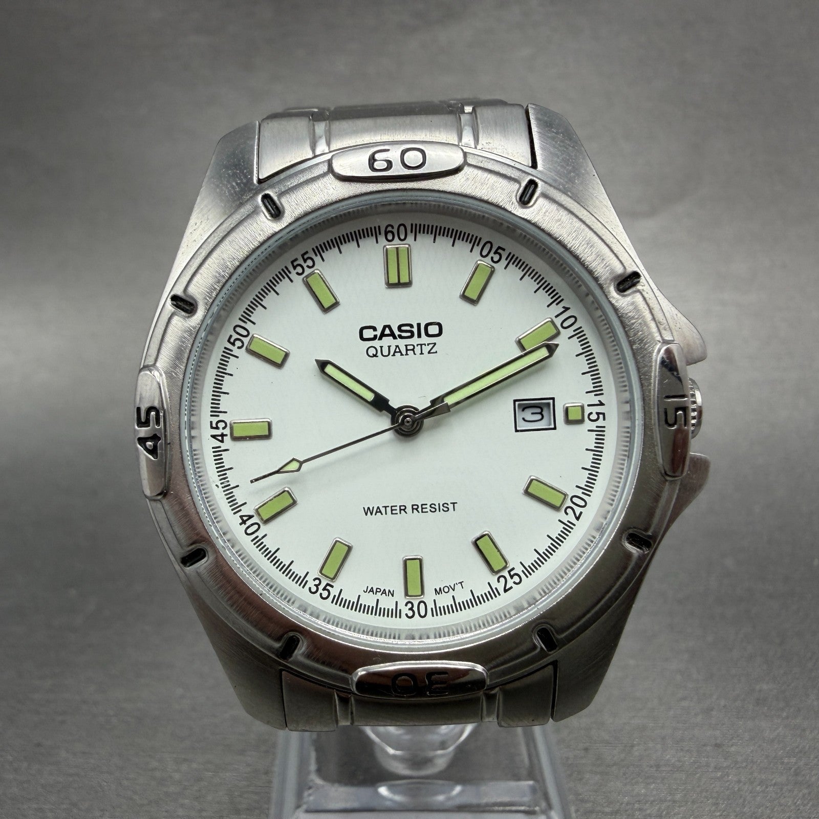 Casio Dive Watch Men 41mm White Dial Silver Tone Date Round MTP-1244 New Batt 7Q0