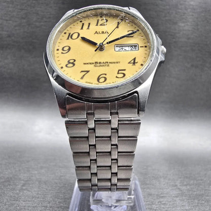 Seiko Alba Watch Men 34mm Yellow Dial Silver Tone Daydate V733-7A00 New Battery5