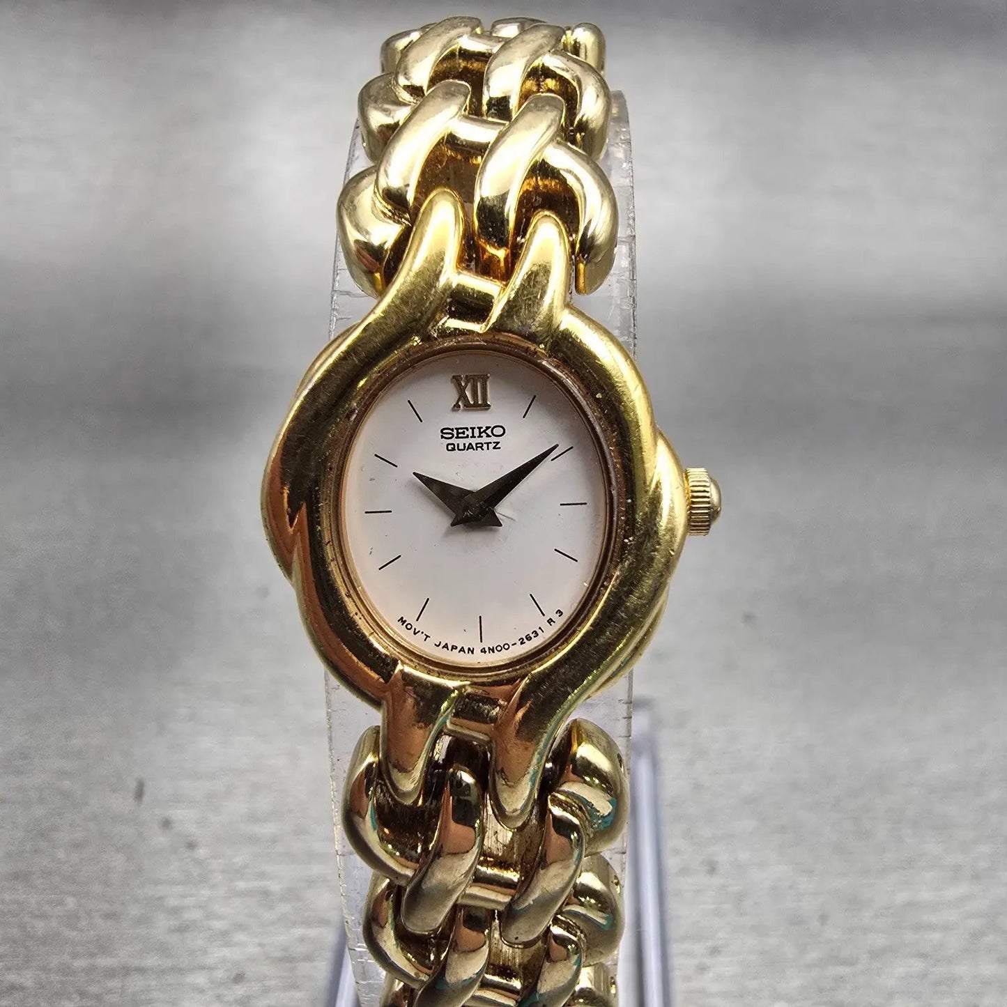 Seiko Watch Women 18mm White Dial Gold Tone Oval 4N00-F080 New Battery Vintage0