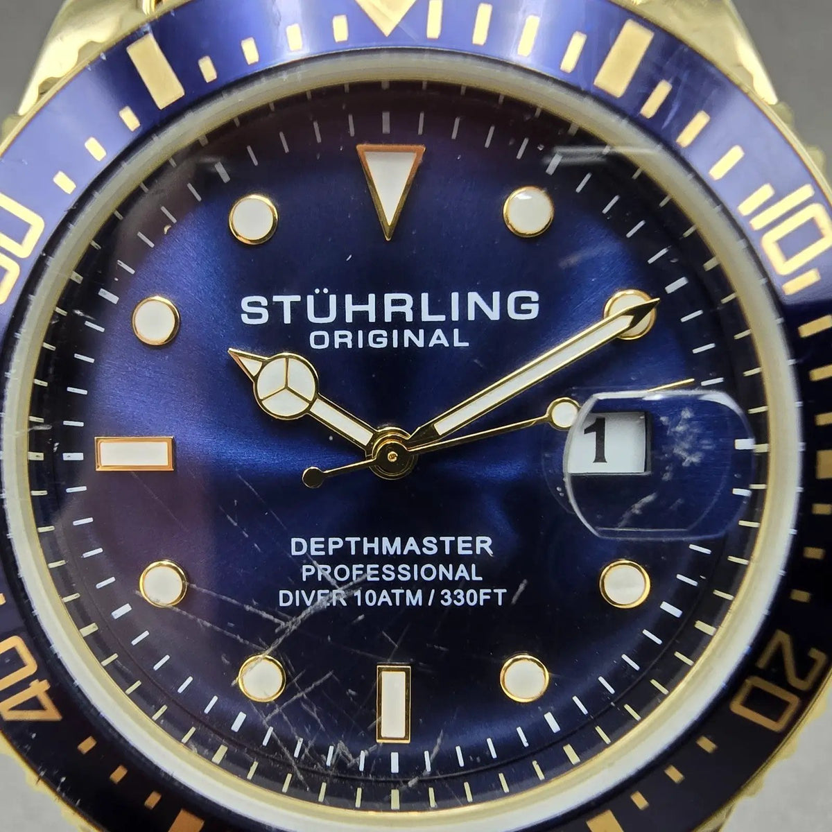 Stuhrling Depthmaster Dive Watch Men 43mm Blue Dial Gold Dial Date Round NewBatt1