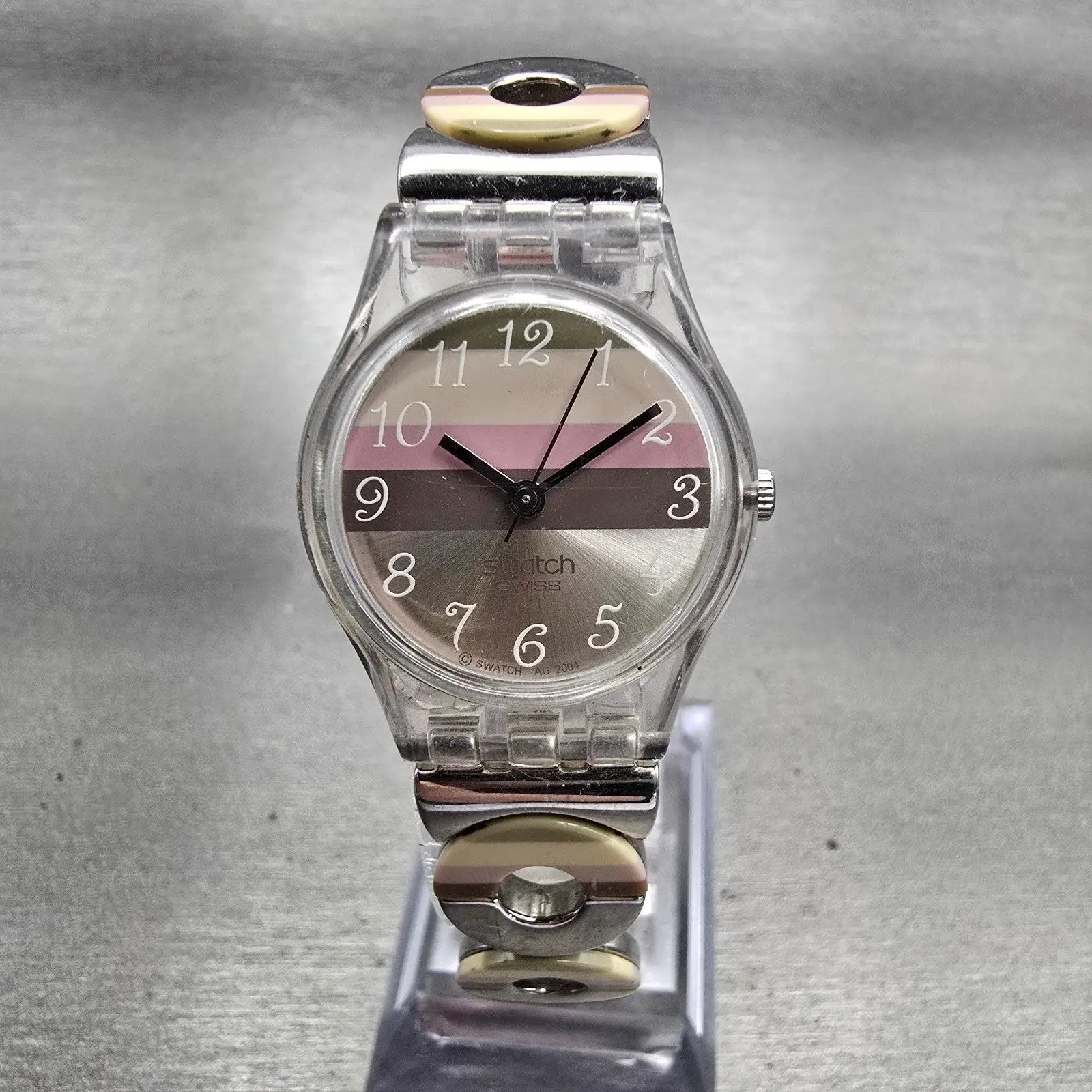 Swatch METALLIC DUNE Watch Women Brown Dial Clear Case Round LK258G New Battery1