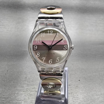 Swatch METALLIC DUNE Watch Women Brown Dial Clear Case Round LK258G New Battery1