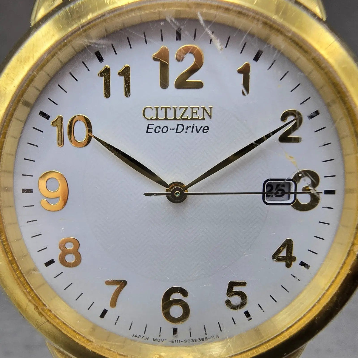 Citizen Eco-Drive Watch Men 38mm White Dial Gold Tone Date E111-S022894 Runs JP1