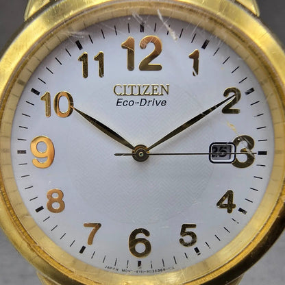 Citizen Eco-Drive Watch Men 38mm White Dial Gold Tone Date E111-S022894 Runs JP1