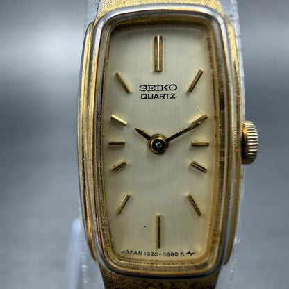 Seiko Tank Watch Women 13mm Champagne Dial Gold Tone 1320-5549 New Battery 76D1