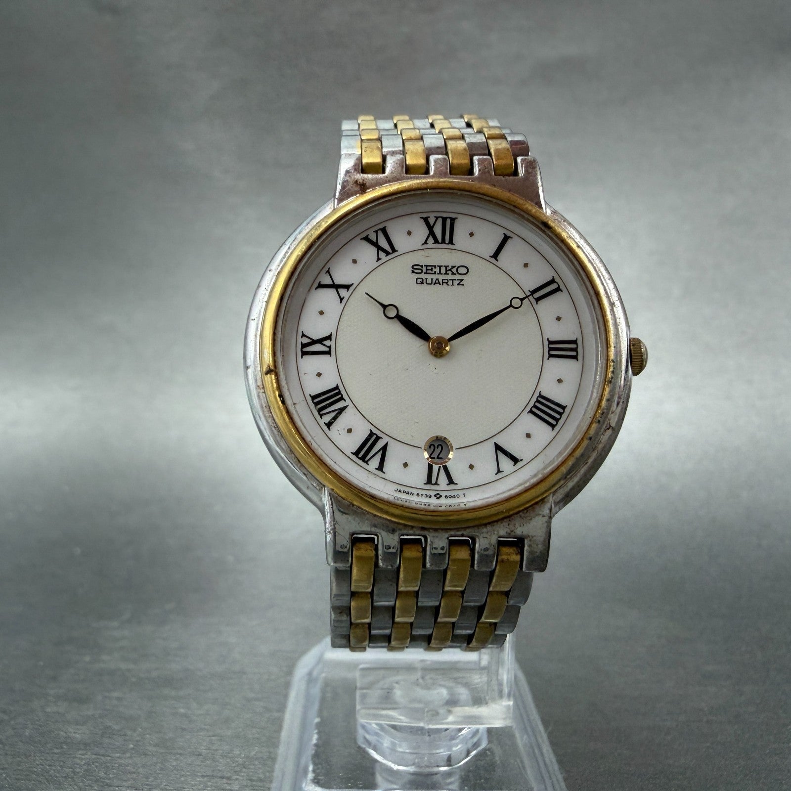 Seiko Watch Men 34mm White Dial Two Tone Date Round 5Y39-8040 New Battery5
