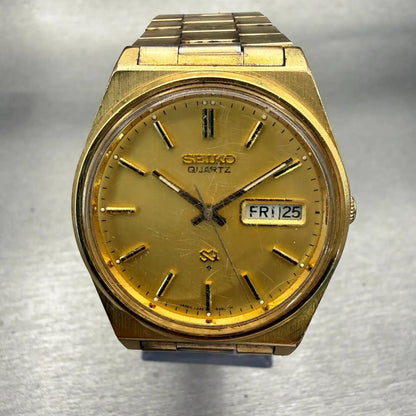 Seiko SQ Watch Men 35mm Gold Dial Gold Tone Daydate Round 7546-8440 New Battery0