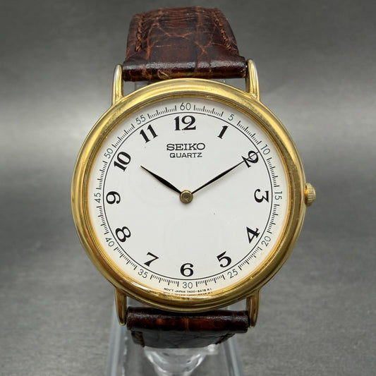 Seiko Watch Men 34mm White Dial Gold Tone Round 7N00-8A00 New Battery Vintage0