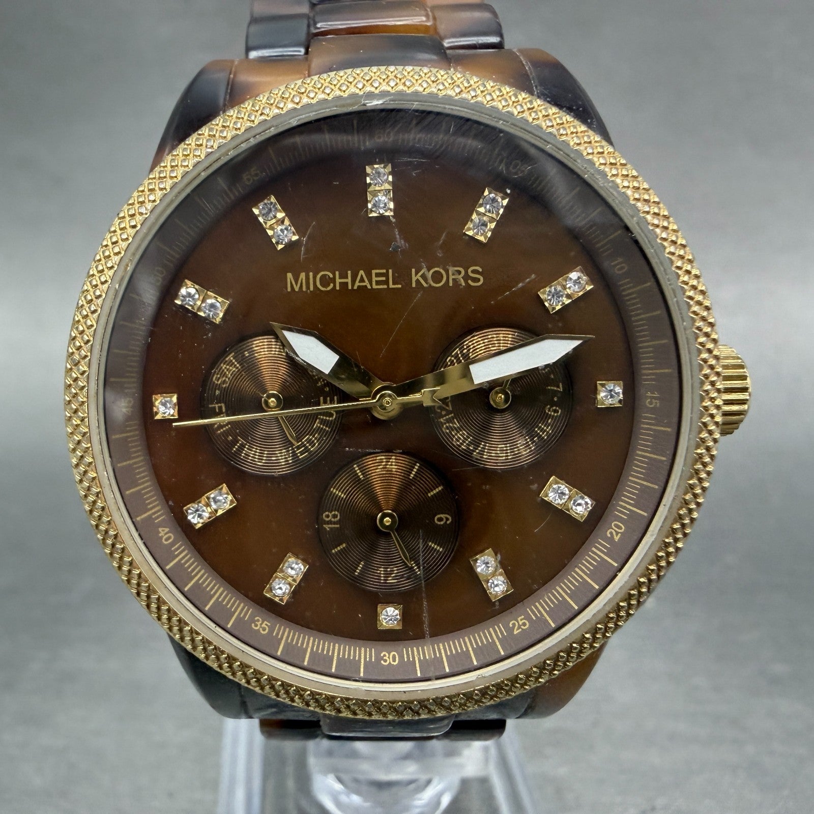 Michael Kors Watch Women 37mm Brown Dial Gold Tone Tortas Daydate New Battery 7T0