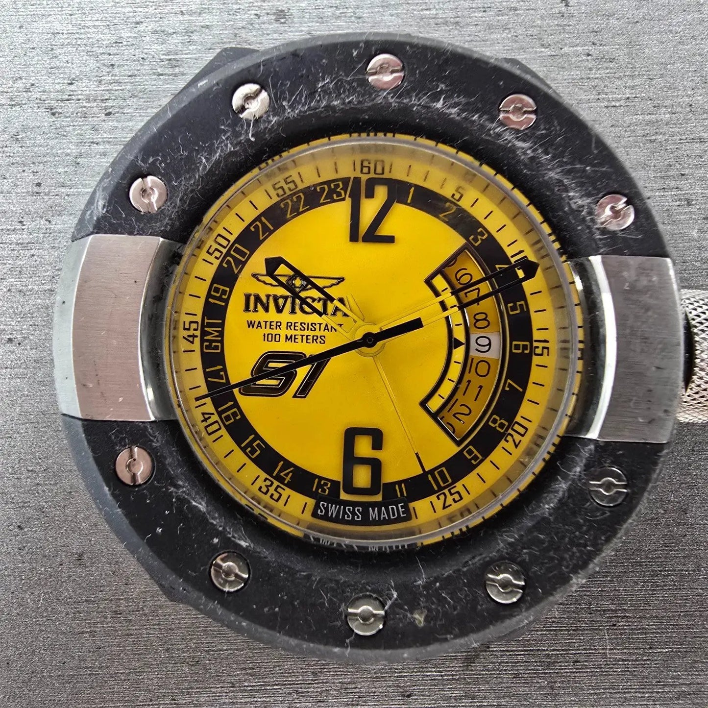 Invicta Rally S1 GMT Watch Men 52mm Yellow Dial Black Tone Date 6845 READ NewBat1