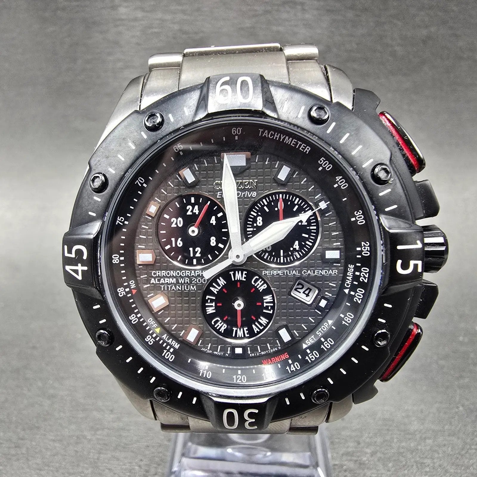 Citizen Eco-Drive Chronograph Watch Men 49mm Black Dial Titanium Date E812 Works0