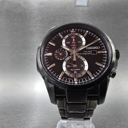 Seiko Chronograph Watch Men 44mm Black Dial Black Date Solar Alarm Works SSC0955