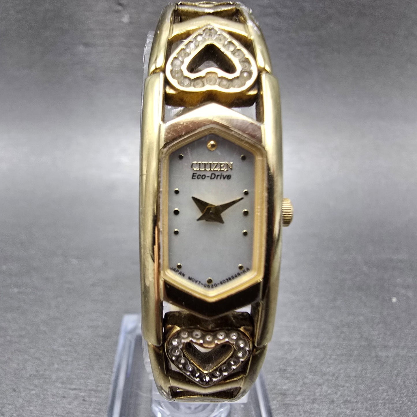 Citizen Eco-Drive Tank Heart Watch Women 15mm MOP Dial Gold Tone Rectangle Runs0