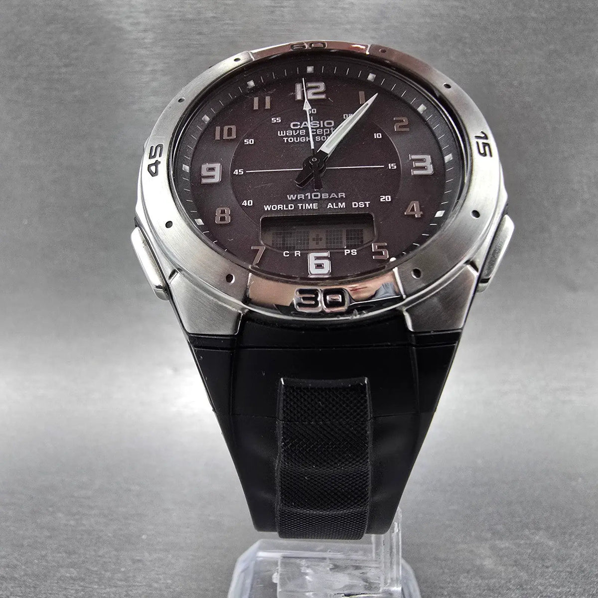 Casio WVA-470 Watch Men 42mm Black Silver Wave Ceptor Alarm Chronograph Round 785